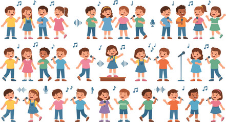 Fototapeta premium Children singing in choir cartoon character vector set featuring happy kids with microphones musical notes performance stage and vocal hobbies