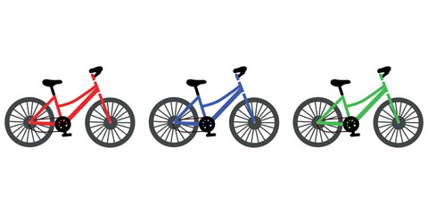 Fototapeta premium Bicycles Set. Hand Drawn Vector Illustrations Collection. Eco Transport Lifestyle. Red, green, blue bicycle