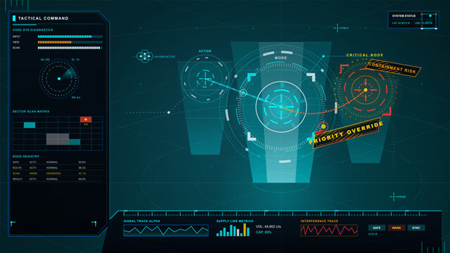 Futuristic tactical command HUD with circular targeting reticle, critical node risk alert, priority override warning and teal orange data panels