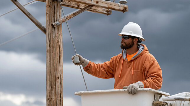 Utility lineman on aerial lift bucket installing smart grid sensor on aging wooden transmission pole, stormy sky approaching, grid modernization fieldwork, distribution network