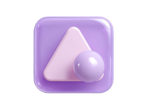 A glossy 3D rendering of basic geometric shapes arranged on a rounded square. The shapes are in pastel purple and pink tones