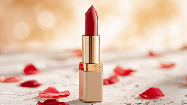 Luxurious red lipstick surrounded by rose petals on elegant background