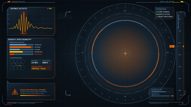 Futuristic geology scan HUD with seismic activity chart, density spectrometry panels, circular depth gauge, evacuation alert and dark grid interface