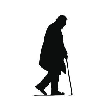 Senior gentleman wearing a formal coat and hat moves with a noticeable stoop while gripping a slender walking aid, creating a high-contrast black silhouette isolated on a clean white surface area.