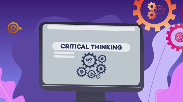 A computer screen displaying the text &ldquo;Critical Thinking&rdquo; and illustrations of gears