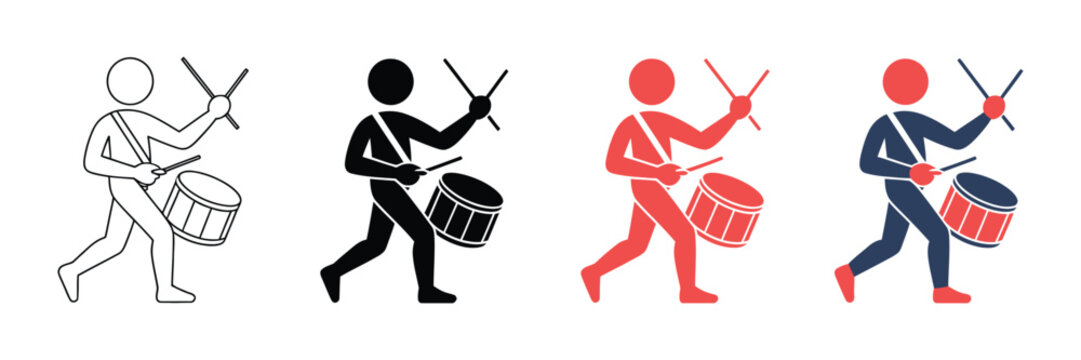 Set of drummer icons, stick figures playing drums, marching band percussionist vector illustration