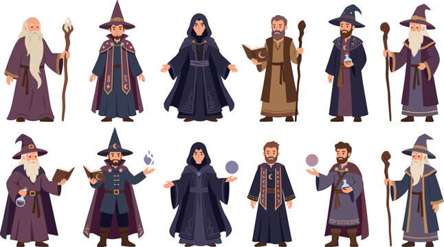 Wizard and mage cartoon character flat vector illustration set featuring fantasy sorcerers in robes holding magic staffs spellbooks and crystal balls