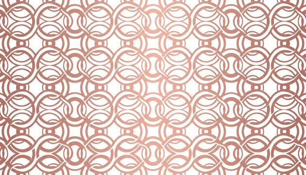 Seamless pattern of rose gold intertwined circles and wavy lines on white background design.