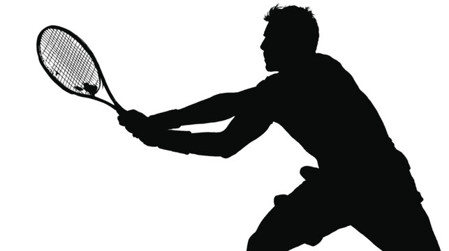 Tennis player silhouette performs a focused two-handed backhand stroke, highlighting the sharp black edge of the figure and the detailed texture of the racket strings against a pristine white field.