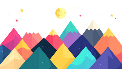 Obraz premium A vibrant, geometric illustration of layered, colorful mountain peaks silhouetted against a starry night sky with a full moon