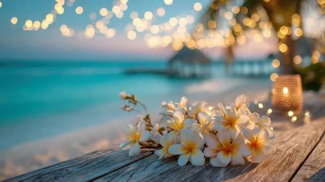 beautiful frangipani flowers on romantic decorated paradise beach animation