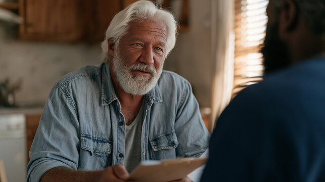 Older white male parole officer conducting a required home visit at a parolee's modest apartment, reviewing reintegration checklist on a clipboard while the parolee shows proof of