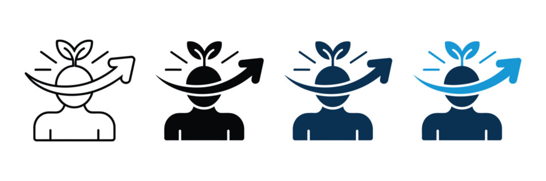 Personal growth icon set, human head with plant sprout and upward arrow, self development concept