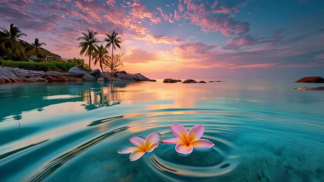frangipani flowers float in infinity pool on tropical seascape animation