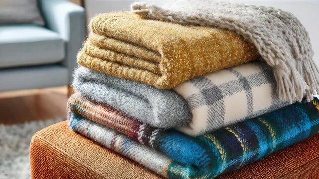 Warm, textured blankets in mustard, gray, plaid, and blue tones are arranged on a stylish ottoman, perfect for autumn or winter decor. The scene radiates comfort and contemporary style