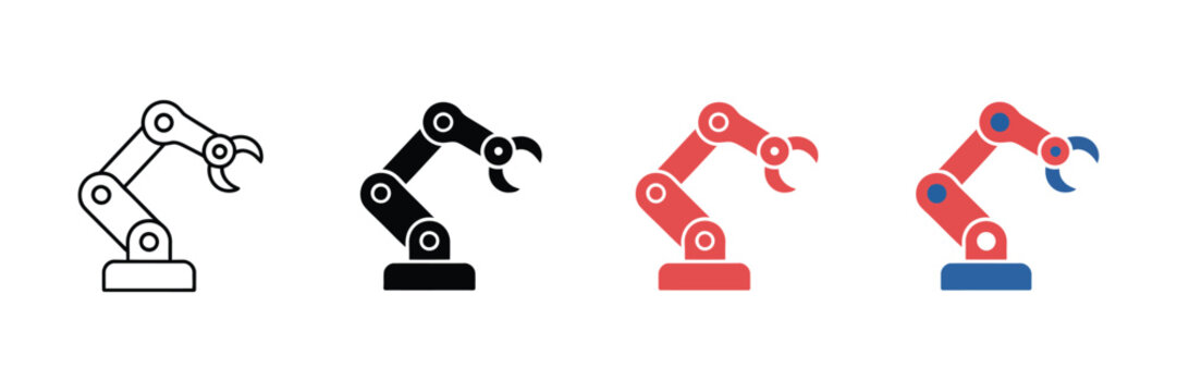Set of robotic arm icons, industrial mechanical hand for manufacturing process, vector illustration
