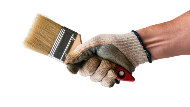 Isolated hand wearing a durable work glove gripping a professional wooden paint brush