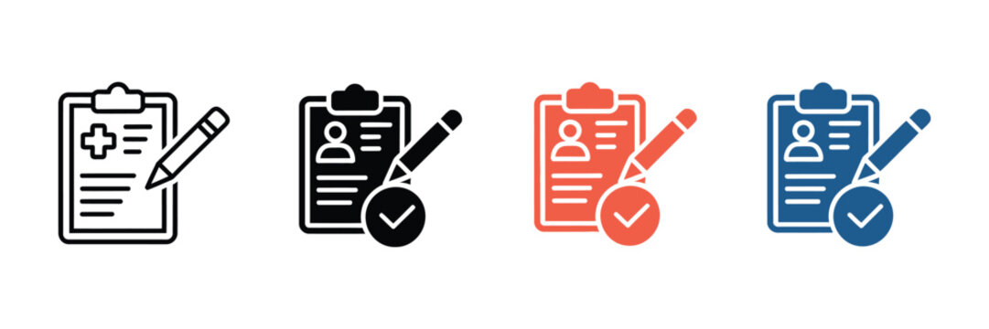 Set of clipboard icons with pencil and checkmark, medical and user profile registration forms