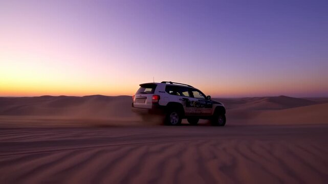 Desert vehicle at sunset