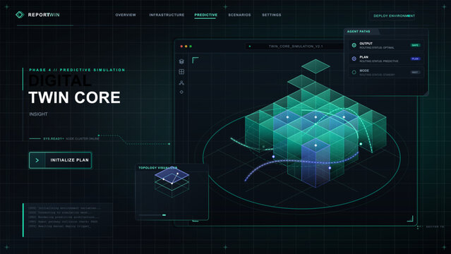 Futuristic digital twin simulation dashboard showing transparent cube network, predictive agent paths, topology visualizer, and dark grid layout.