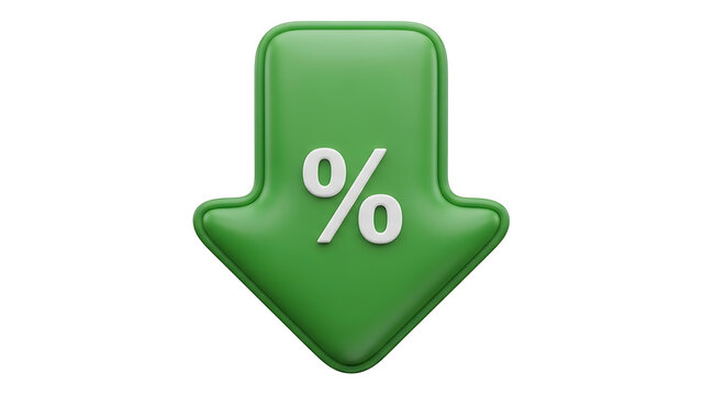 Green Downward Arrow with Percentage Symbol Indicating Decrease in Prices or Interest Rates