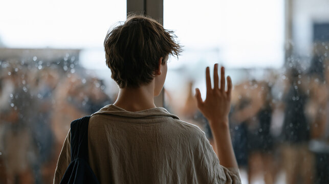 A teenage boy standing at the glass door of a school gymnasium watching a social event inside, hand raised to knock but not yet knocking, the precise threshold moment of social