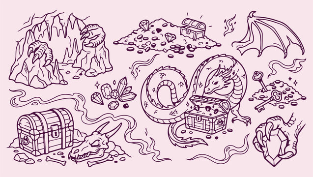 Treasure fantasy dragon hoard pattern, magical dragon gold jewelry illustration, fantasy treasure dragon sketch background, dragon gold mountain drawing, fantasy dragon treasure print, magical dragon 