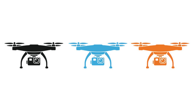 Three colorful drones flying side by side in the air with different colors