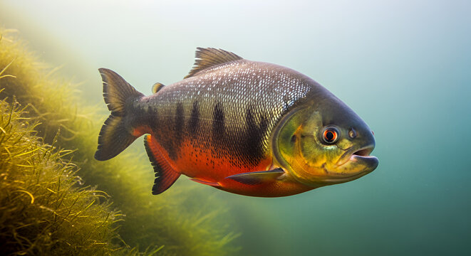 Large pacu fish with vibrant scales swimming  