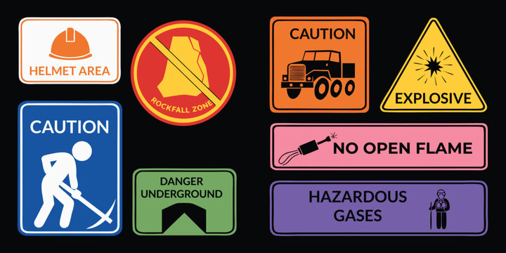 Variety of safety and caution signs for industrial settings including helmet area explosive hazard and underground danger
