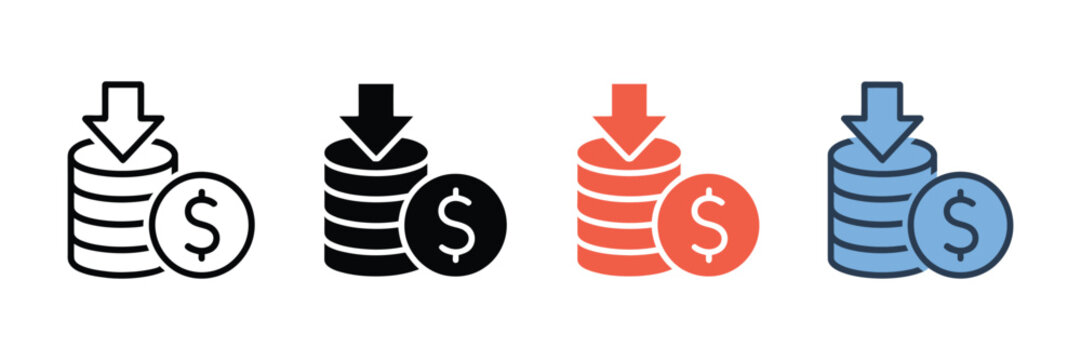 Financial savings icon with coins and down arrow symbolizing deposit or reduction