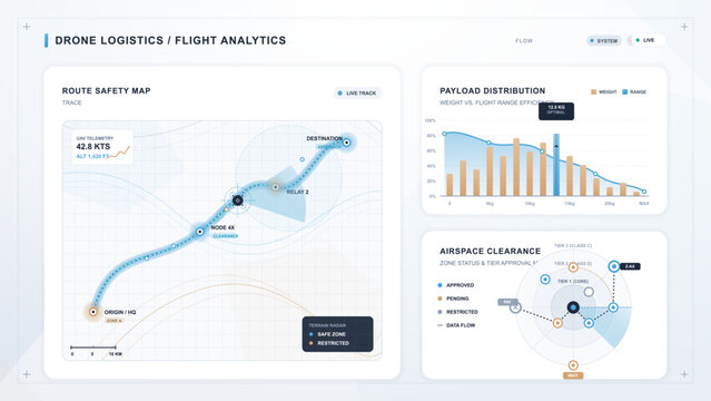 Drone logistics flight analytics dashboard with route safety map, payload distribution chart, airspace clearance radar, and light grid interface