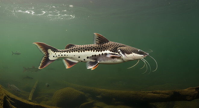 Large striped surubim catfish swimming  