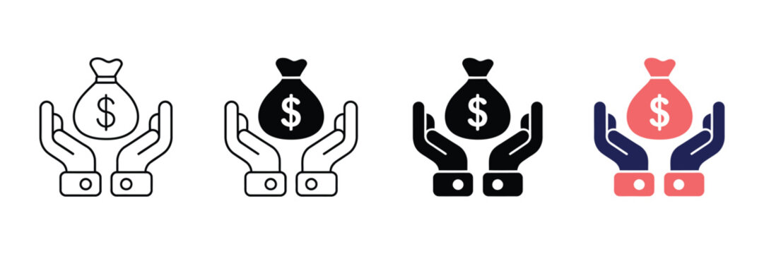 Four distinct vector icon designs featuring a money bag being held by two open hands representing financial security wealth protection investment growth and banking services in a simple minimal style