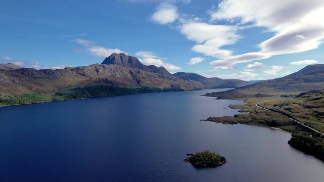 Aerial view, flying over Loch Maree towards Slioch, Scotland.