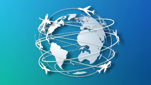 Paper airplanes trace flight paths around a stylized globe during a global travel concept