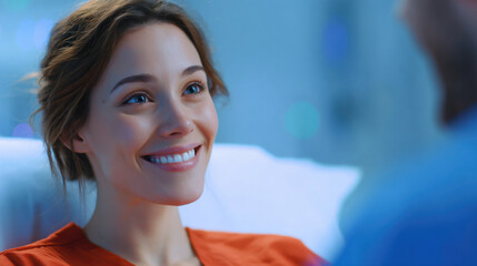 Fototapeta premium Young woman patient smiling in bed with doctor in modern clinic, healthcare consultation with happy adult female patient and medical staff in hospital room