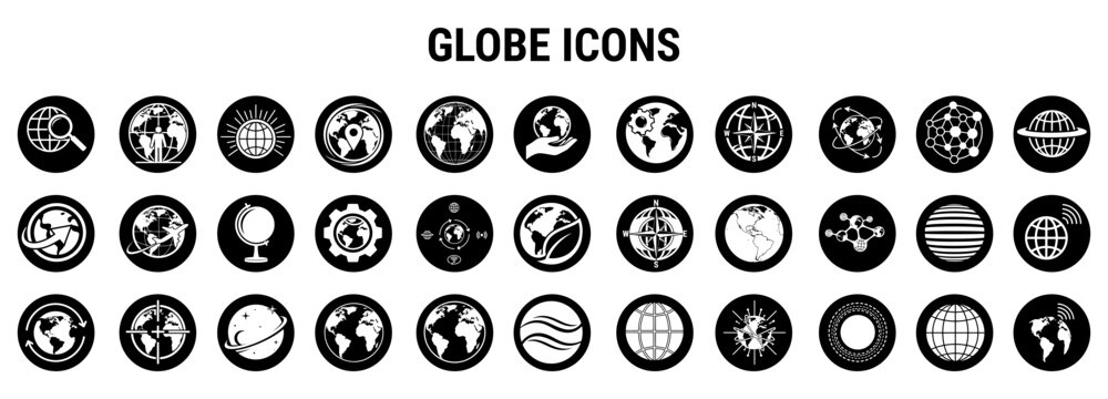 Collection of various globe icons in different styles and shades on white background