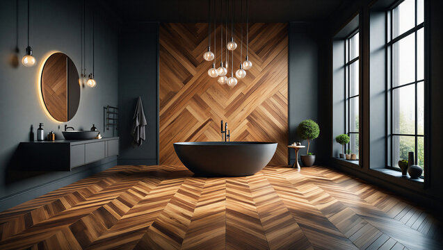 Luxurious dark bathroom with herringbone wood wall floor black freestanding tub elegant lighting