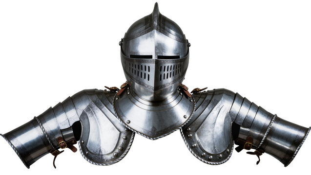 Isolated polished knight's armor with ornate helmet and pauldrons, a medieval suit