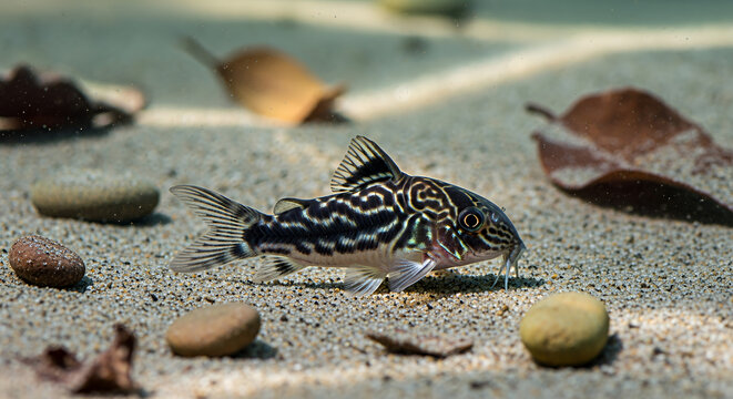 Corydoras catfish swimming on gravel with pebbles  