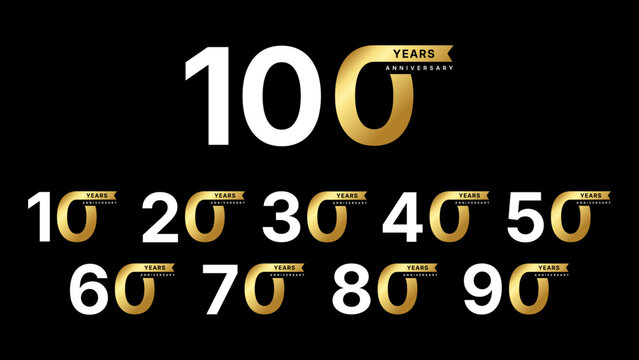 Anniversary Years Logo Collection Set from 10 to 100 Years Celebration Golden Milestone Vector Design