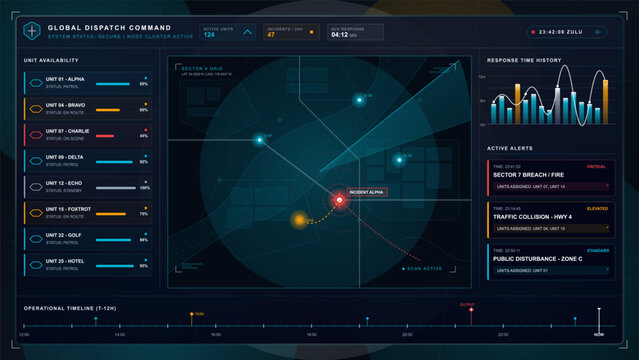 Dark emergency dispatch command dashboard with unit availability list, incident map, response time chart, active alerts and operational timeline