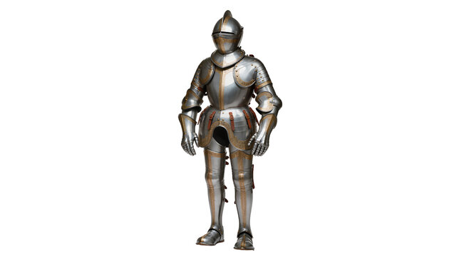 Isolated historical full suit of knight's plate armor on display, detailed and ornate antique metal.