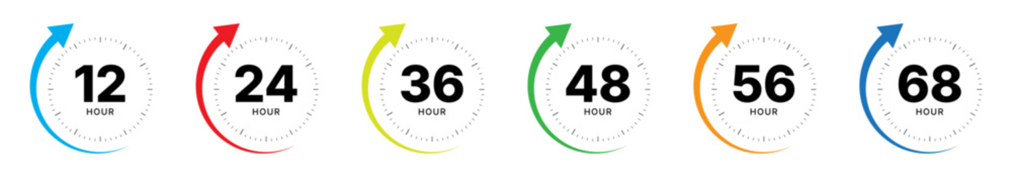 Colorful hour warranty badges set with circular countdown labels and arrow progress indicators