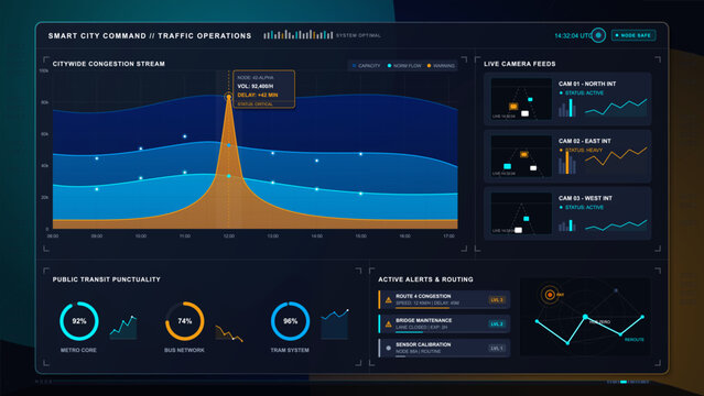 Dark smart city traffic operations dashboard with congestion stream chart, live camera feeds, transit punctuality gauges and routing alerts