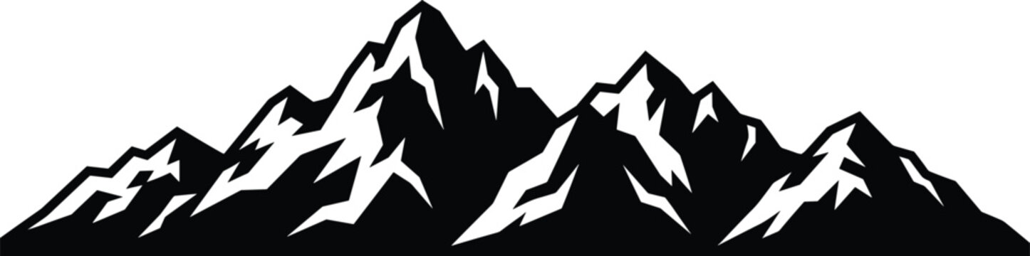 Black Vector Silhouette Nature Landscape Graphic Element : A Majestic Mountain Range Shape with Snow Peaks Isolated on White Background