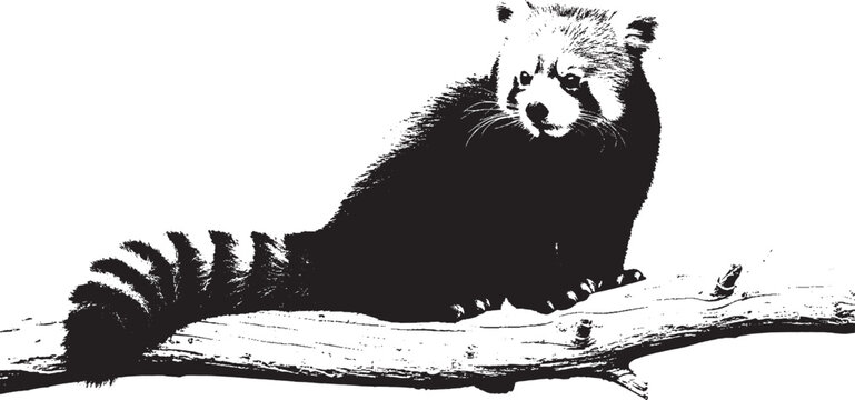 Black and white illustration of a cute red panda sitting on a tree branch isolated on transparent background, Vector