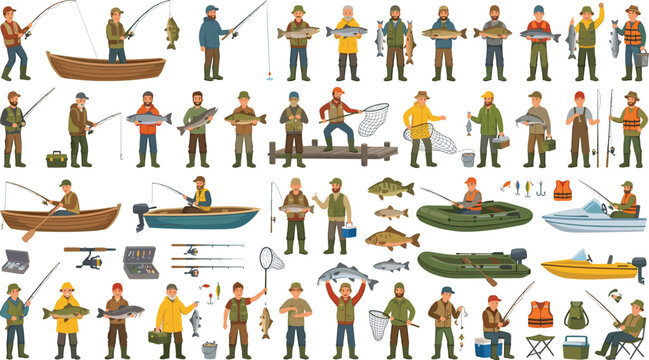 Fisherman characters and outdoor angling hobby flat vector illustration set featuring fishing rods wooden boats inflatable dinghy lures and caught fish
