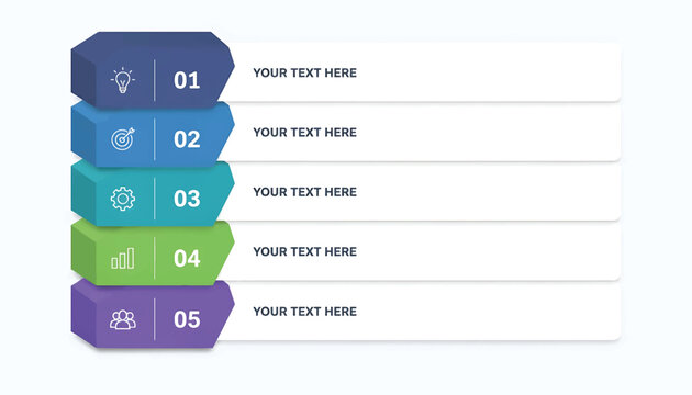 Five step vertical infographic, template, with chevron elements, infographic white background